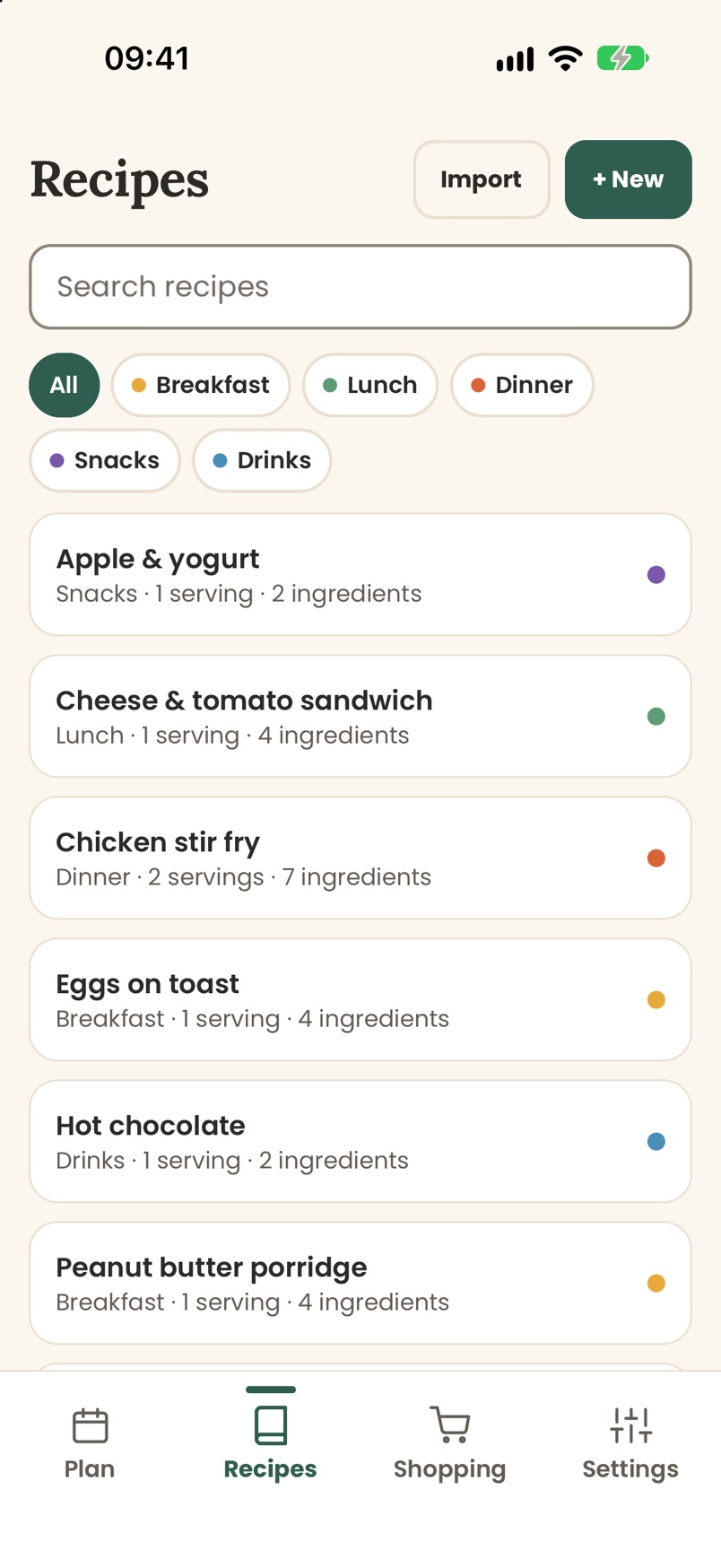 Plancake recipe book, sorted by meal
